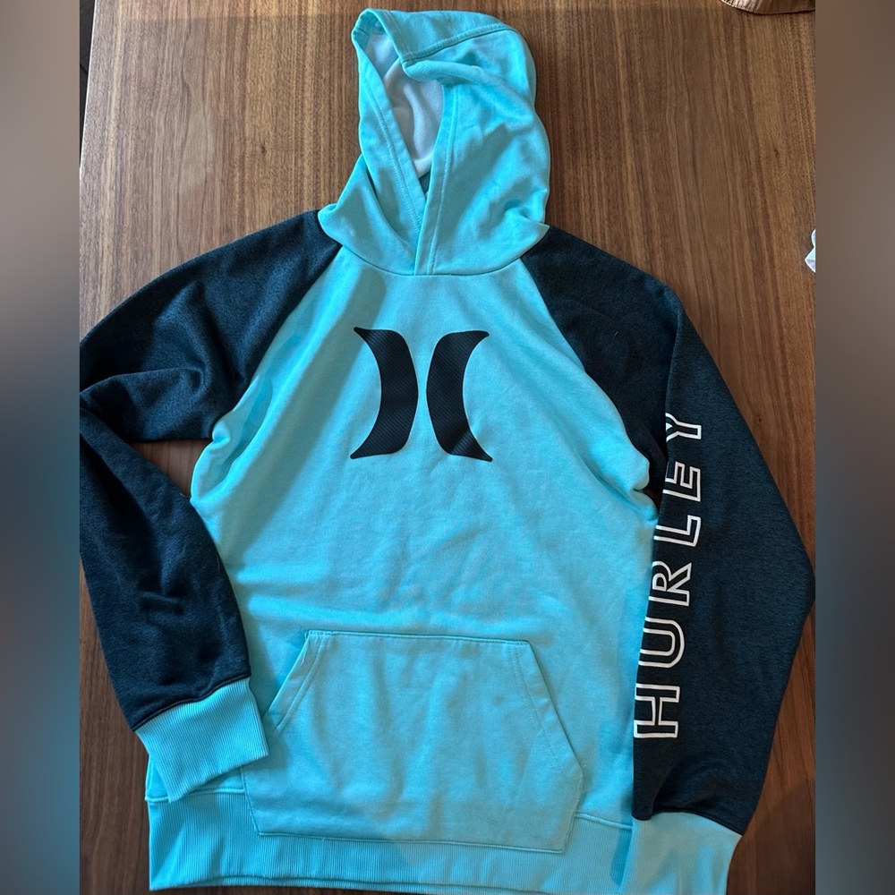 Boys Hurley hoodie sweatshirt with pockets size L teal blue & grey